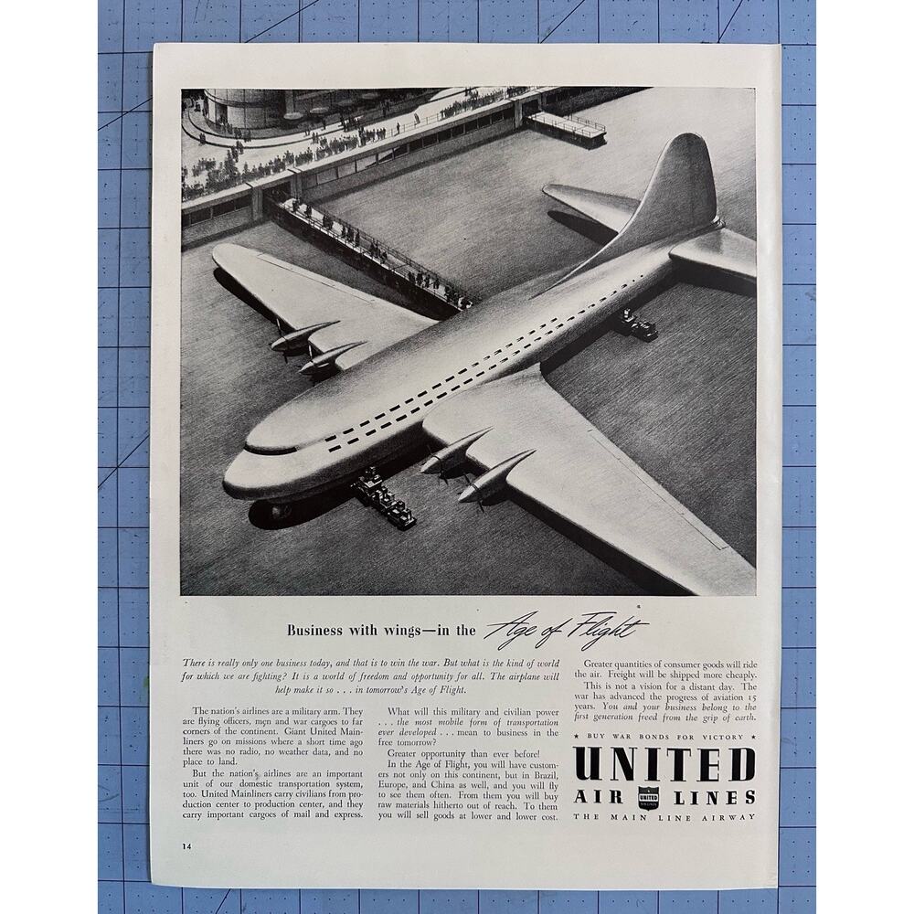 1942 United Airlines Print Ad Giant Mainliner Airplane Double Decker